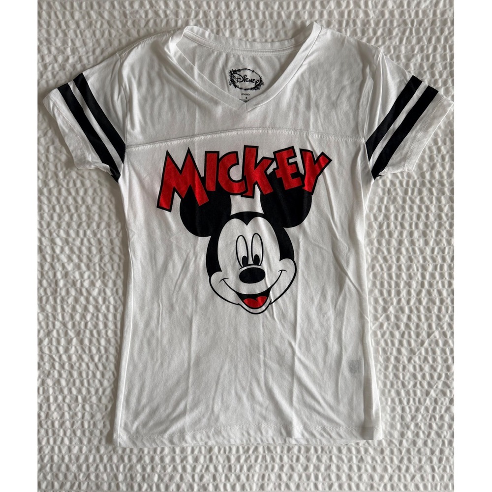 Disney Mickey Mouse Womens S White Varsity Stripe V Neck Graphic T Shirt